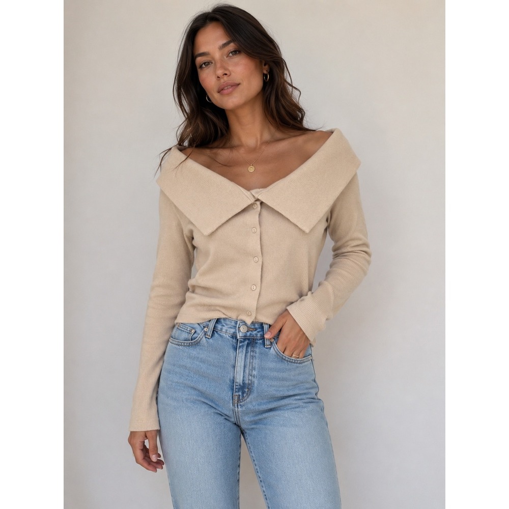 ASOS DESIGN Button Front Super Soft Bardot Top SZ Medium Cream Off-Shoulder